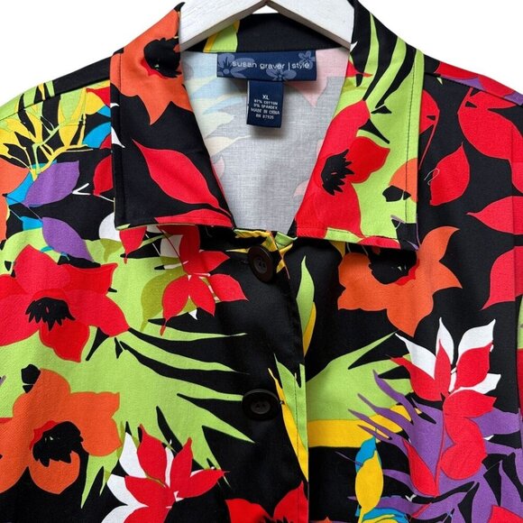 SUSAN GRAVER Bright Floral Blazer Size XL Black Multicolor Cotton Blend Jacket - Picture 2 of 9